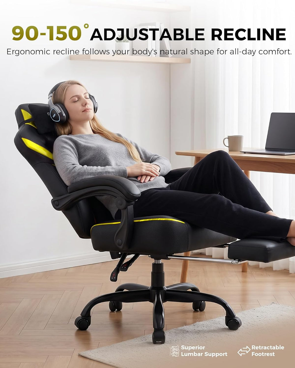 GTPLAYER Big and Tall Gaming Chair with Footrest, High Back Ergonomic Office Chair for Adults, Heavy Duty 350 lbs Capacity, Premium Leather & Iridescent Trim, ACE-Armor, Yellow