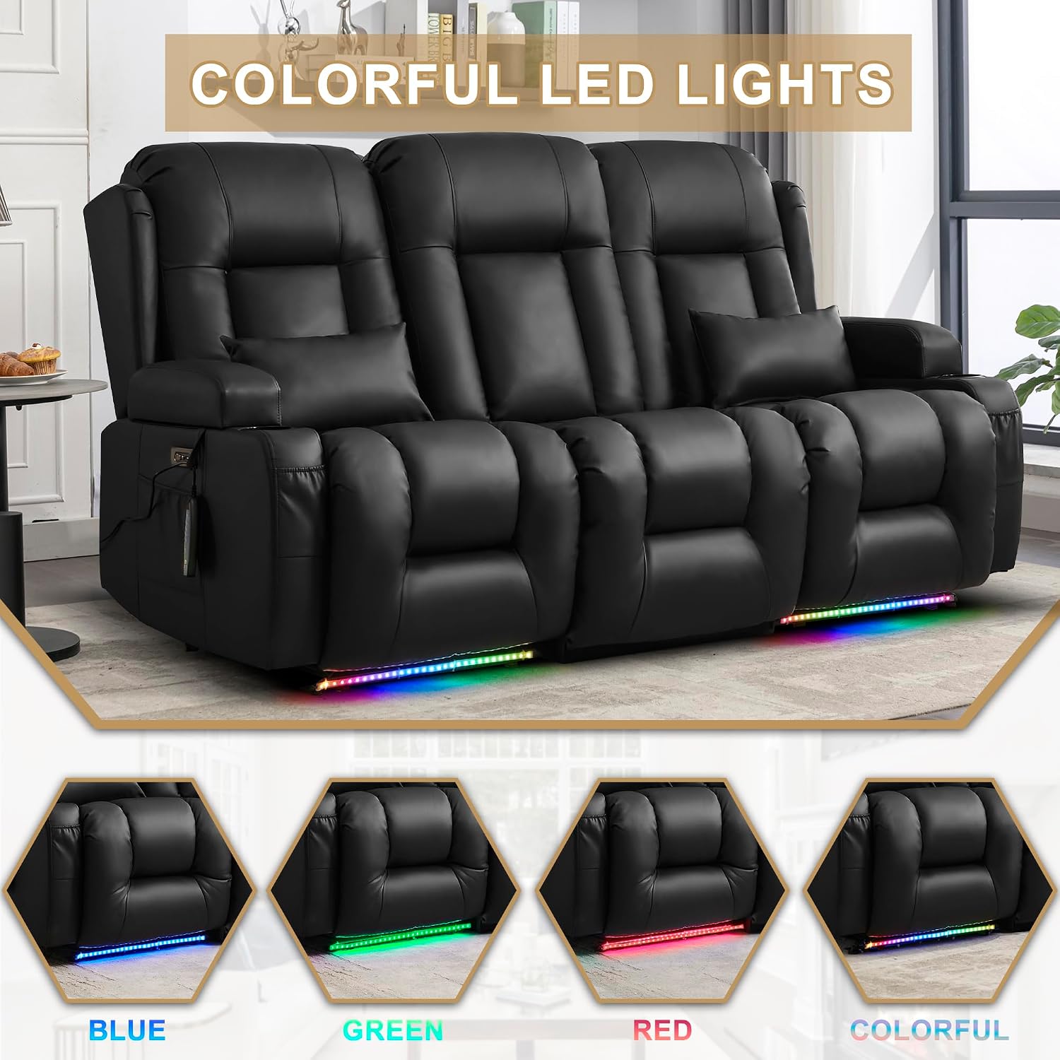 URRED Power Loveseat Recliner Sofa with Massage and Heat, Wall Hugger Reclining Loveseat with Console, RV Couch Home Theater Seating with LED Lights for Living Room (Black, 76.8" - 3 Seats)