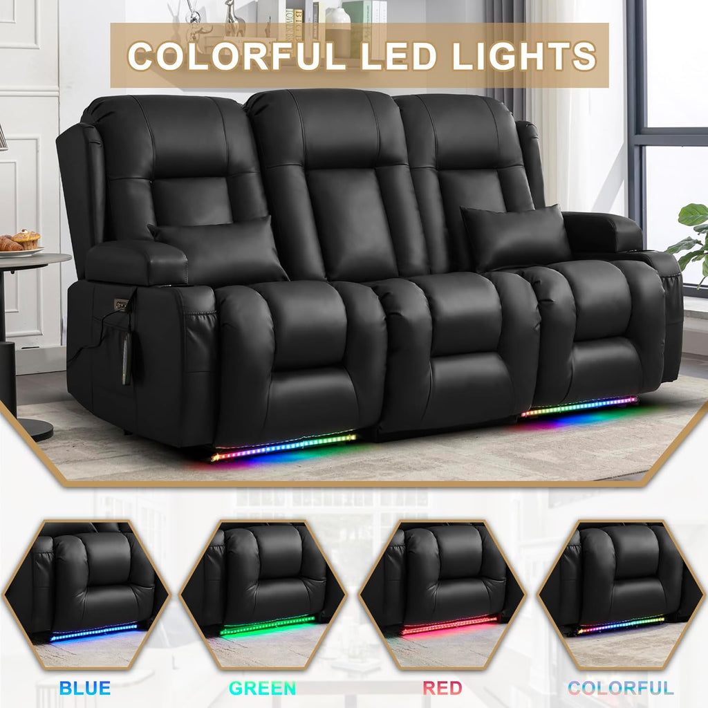 URRED Power Loveseat Recliner Sofa with Massage and Heat, Wall Hugger Reclining Loveseat with Console, RV Couch Home Theater Seating with LED Lights for Living Room (Black, 76.8" - 3 Seats)