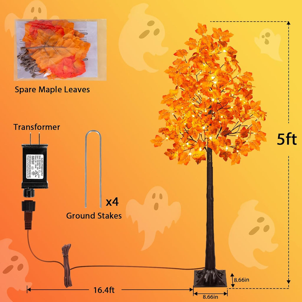 VIVATREES 5FT Artificial Lighted Maple Tree with 96 LEDs, Fall Tree with Warm White Lights for Indoor Outdoor Autumn Halloween Thanksgiving Decor