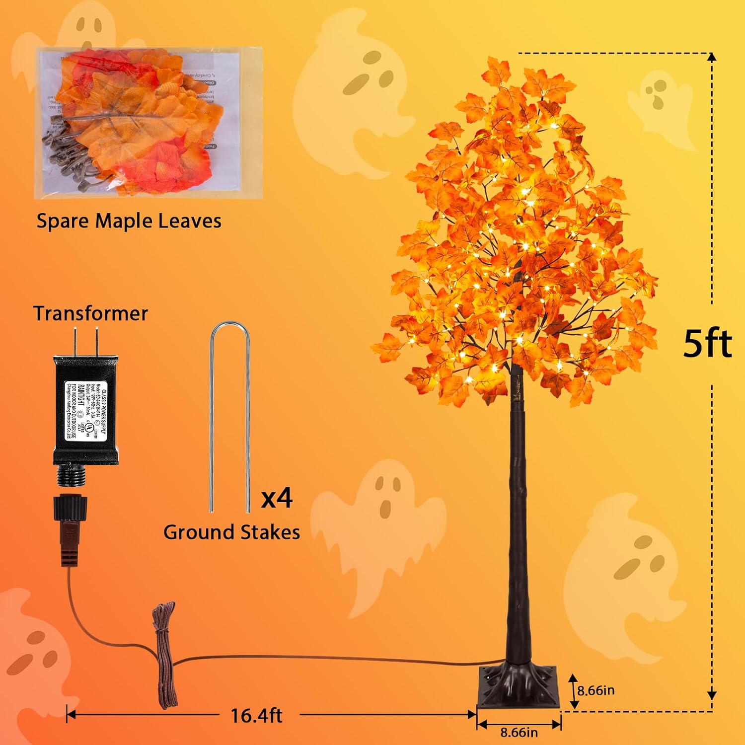 VIVATREES 5FT Artificial Lighted Maple Tree with 96 LEDs, Fall Tree with Warm White Lights for Indoor Outdoor Autumn Halloween Thanksgiving Decor