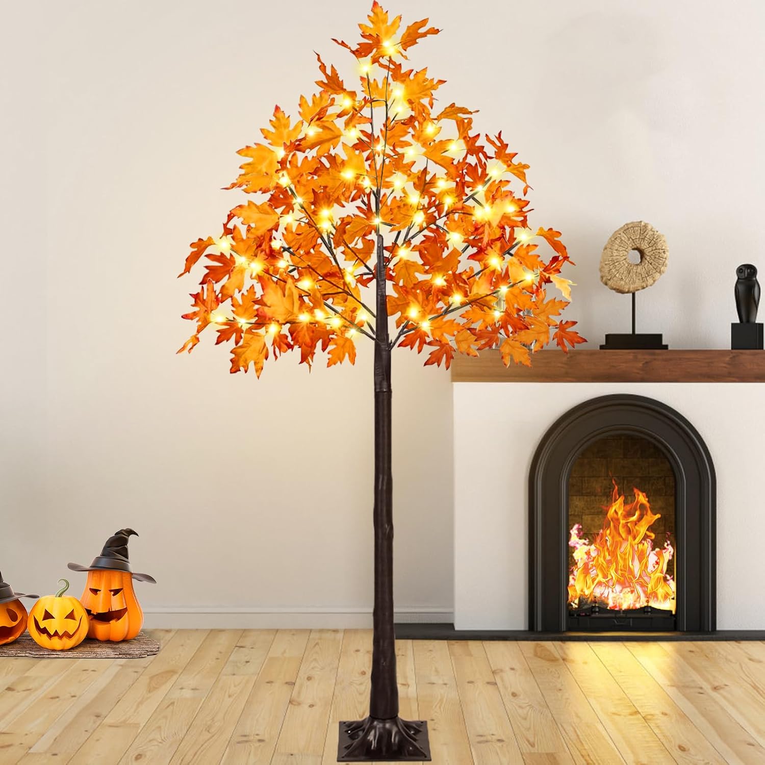 VIVATREES Set of 2, 6FT Artificial Lighted Maple Trees with 240 LEDs, Fall Tree with Warm White Lights for Indoor Outdoor Autumn Halloween Thanksgiving Decor