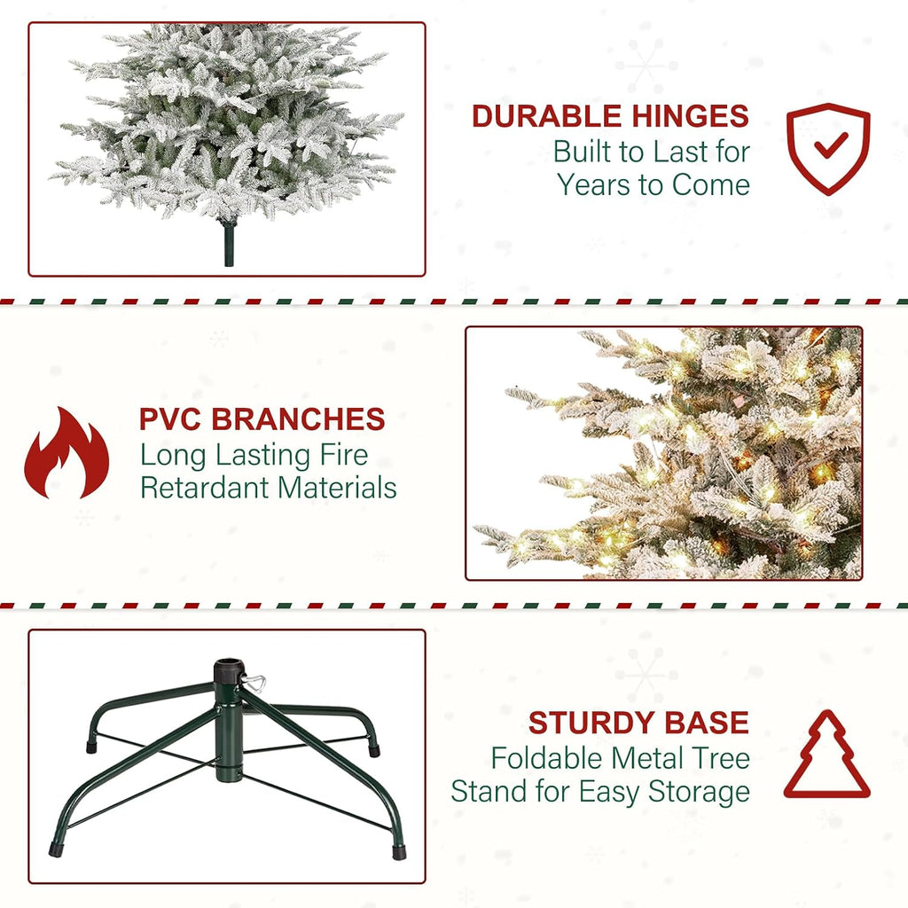 6ft Lighted Flocked Christmas Tree with 330 Warm White Lights, Artificial Hinged Christmas Tree with 797 PE&PVC Mixed Branch Tips for Home, Easy Assembly for Indoor Holiday Decorating