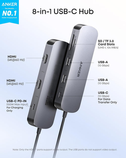 Anker Nano Laptop Docking Station Dual Monitor, 8-in-1 USB C Dock with 4K@60Hz HDMI, 10Gbps 1 USB-C, 2 USB-A, 85W PD, SD/TF Card Reader, for Dell,Lenovo, HP, and Windows Laptops (Charger Not Included)