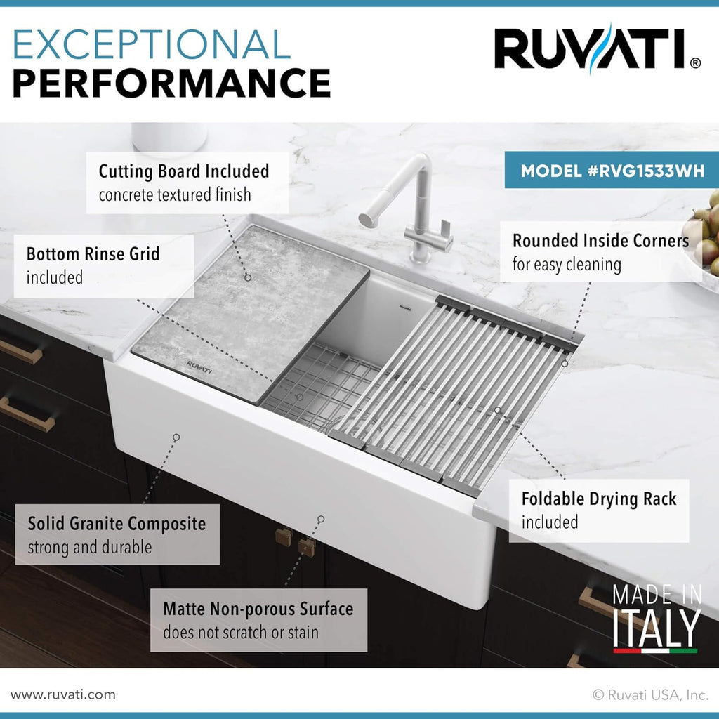 Ruvati 33-inch Matte White Farmhouse Granite Composite Quartz Workstation Apron-front Kitchen Sink - RVG1533WH