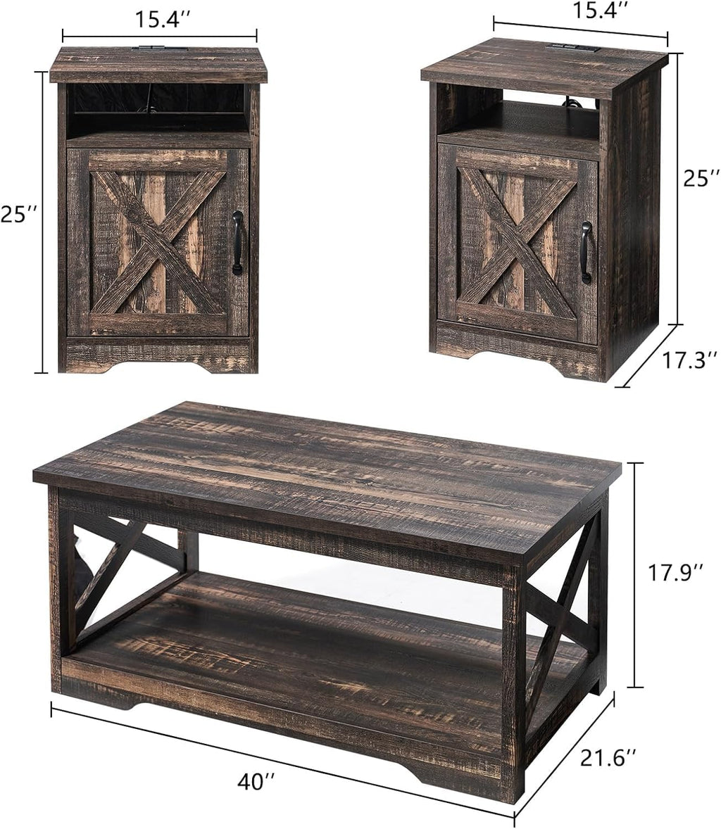 AMERLIFE 4 Pieces Living Room Table Sets, 70" Farmhouse TV Stand with 33" Electric Fireplace, Coffee Table & 2 End Tables with Charging Station and USB Ports, Living Room, Dark Oak