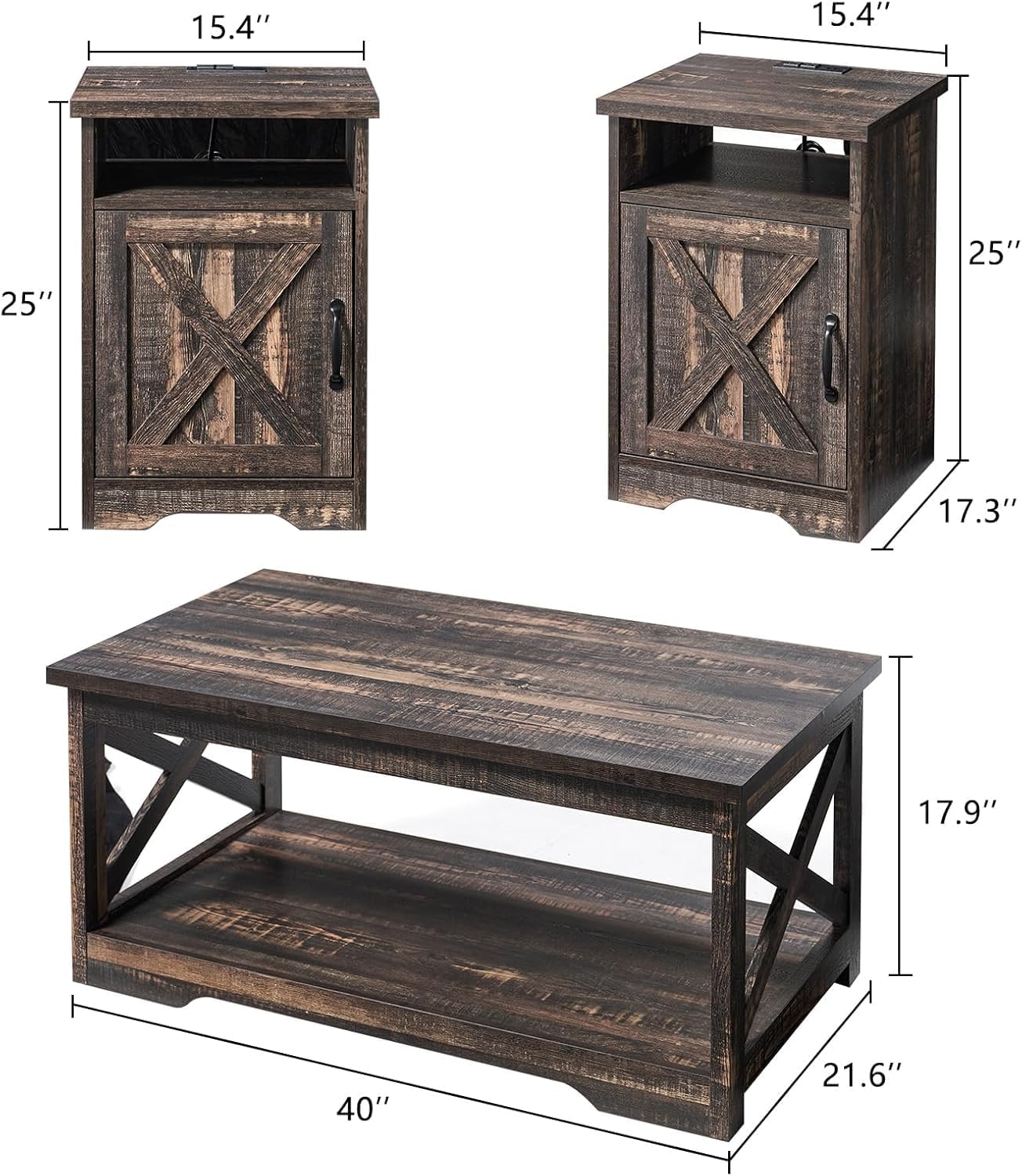 AMERLIFE 4 Pieces Living Room Table Sets, 70" Farmhouse TV Stand with 33" Electric Fireplace, Coffee Table & 2 End Tables with Charging Station and USB Ports, Living Room, Dark Oak
