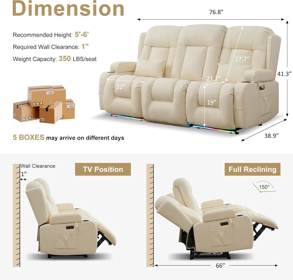 URRED Power Loveseat Recliner Sofa with Massage and Heat, Wall Hugger Reclining Loveseat with Console, RV Couch Home Theater Seating with LED Lights for Living Room (Irovy, 76.8" - 3 Seats)