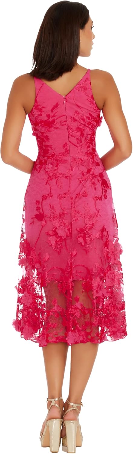 Dress The Population Womens Audrey Spaghetti Strap Midi A-line 3D Floral Dress
