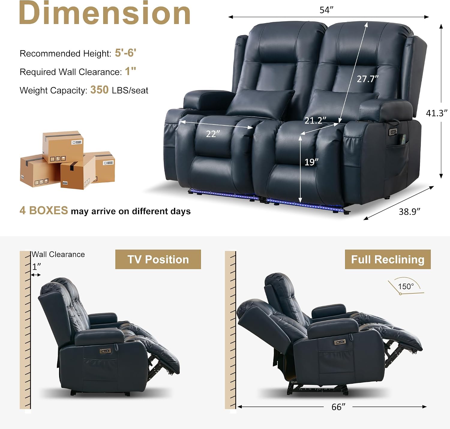 URRED Power Loveseat Recliner Sofa with Massage and Heat, Wall Hugger Reclining Loveseat, RV Couch Home Theater Seating with LED Lights for Living Room (Dark Blue, 54" - 2 Seats)
