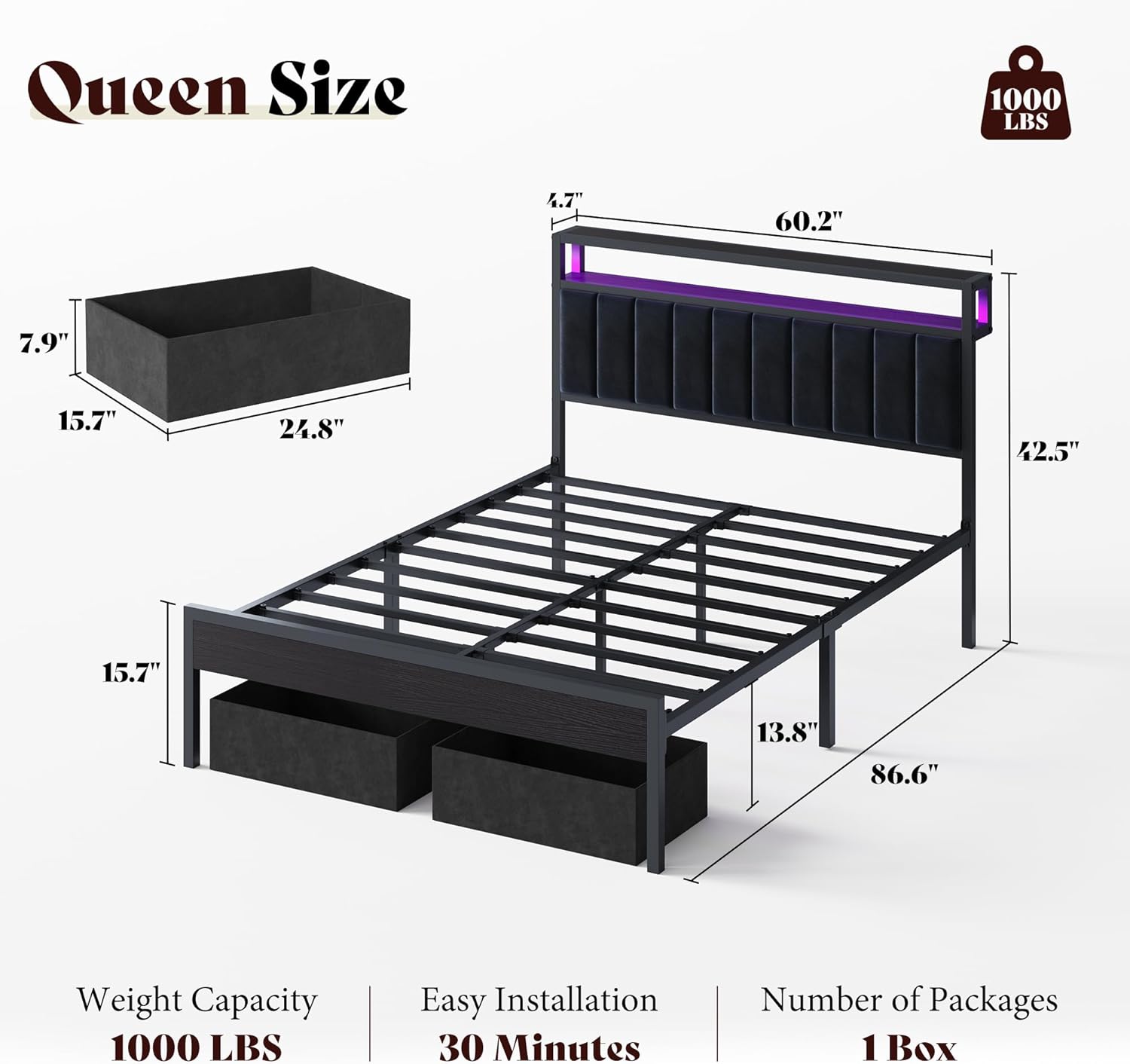 AMERLIFE Queen Bed Frame with LED Light and 2 Storage Drawers, Metal Platform Bed with Storage Headboard, Velvet Upholstered, Heavy-Duty Slats, No Box Spring Needed, Easy Assembly, Black
