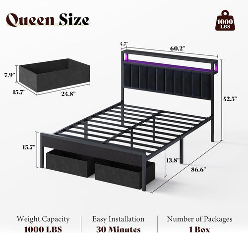 AMERLIFE Queen Bed Frame with LED Light and 2 Storage Drawers, Metal Platform Bed with Storage Headboard, Velvet Upholstered, Heavy-Duty Slats, No Box Spring Needed, Easy Assembly, Black