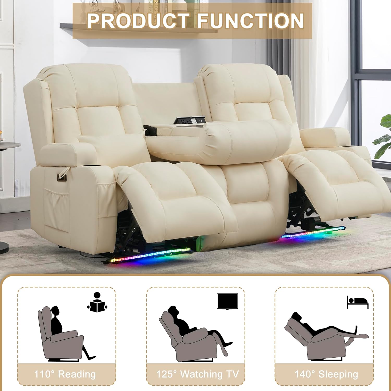 URRED Power Loveseat Recliner Sofa with Massage and Heat, Wall Hugger Reclining Loveseat with Console, RV Couch Home Theater Seating with LED Lights for Living Room (Irovy, 76.8" - 3 Seats)
