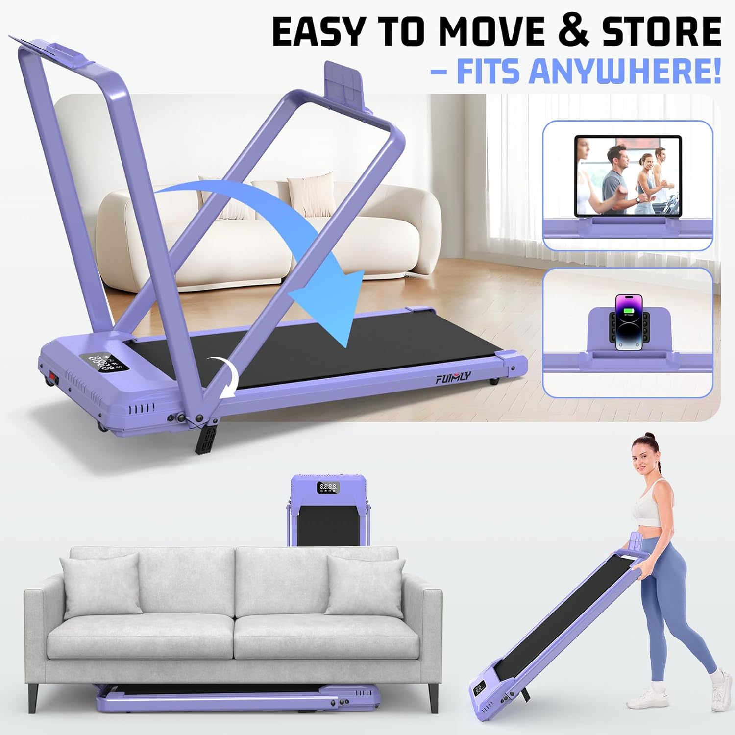 FUNMILY Walking Pad Treadmill with Incline, Foldable Treadmills for Home Office, Portable Walking Pad 300lbs Capacity, Remote Control, Led Touch Screen, 2s Folding Treadmill