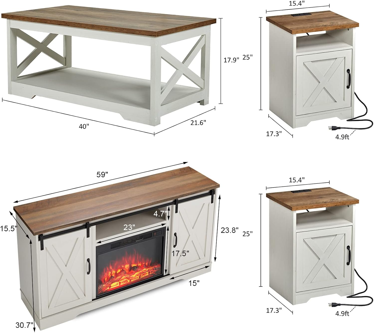 AMERLIFE 5-Piece Farmhouse Table Set Includes Fireplace TV Stand, Coffee Table& Two End Tables with Charging Station and USB Ports, for Living Room, Distressed White, 59"
