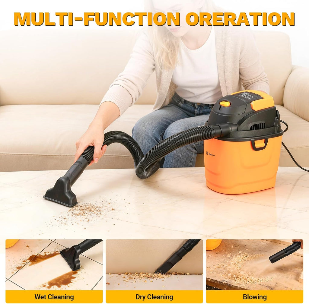 DEKOPRO Shop Vacuum Wet and Dry:1.5-Gallon 2 Peak HP Portable Small Shop Vac, Car Vacuum with 1-1/4 Inch 4Ft Hose, 6 Ft Cord,Mini Shop Vac for Homes, Pets, and Cars