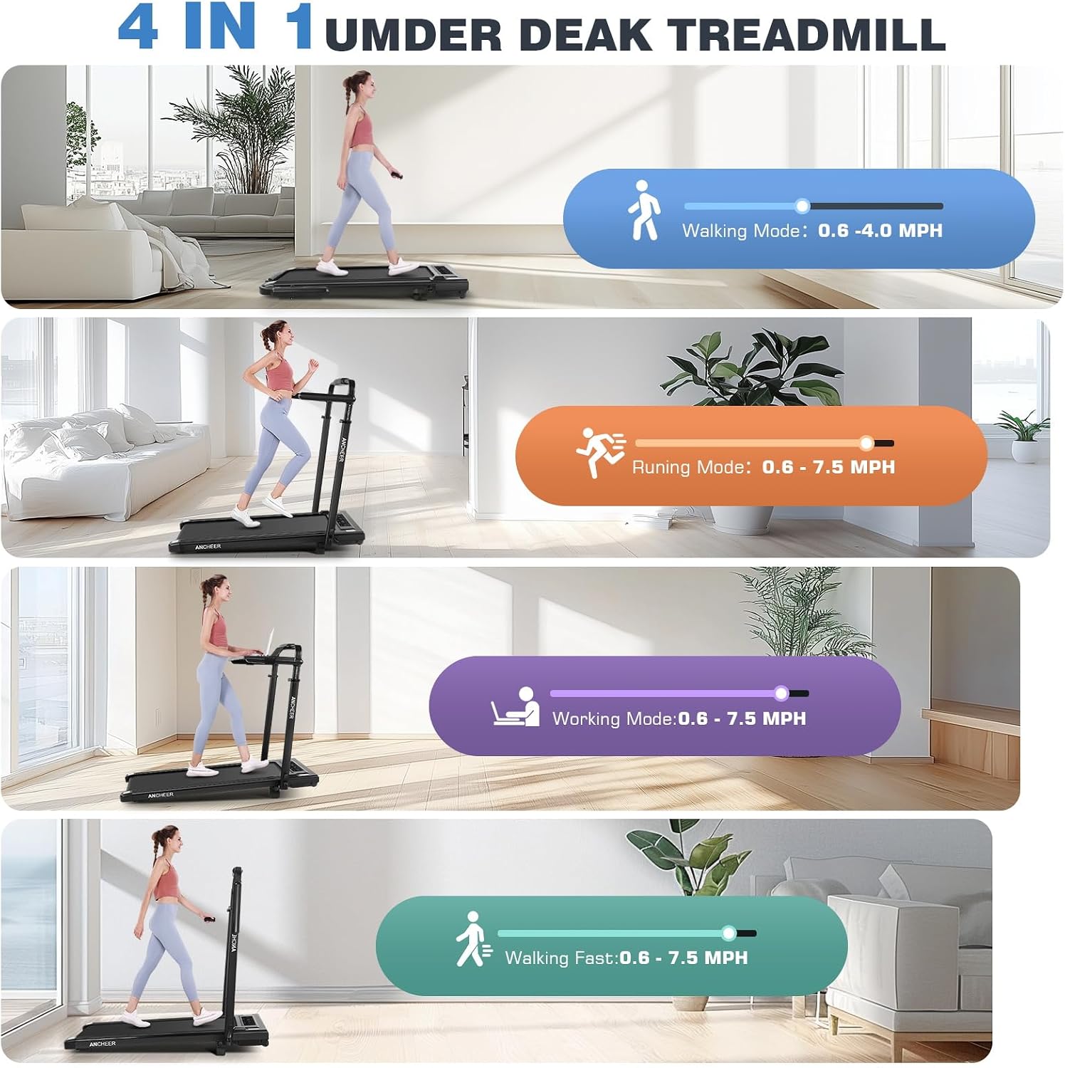 Treadmill with Desk Workstation & Adjustable Height, 450 lbs Weight Capacity, Folding Incline Treadmill with Handle Bar, Portable Ultra-Quiet 3.5HP Walking Pad Treadmill with Desktop for Home Office