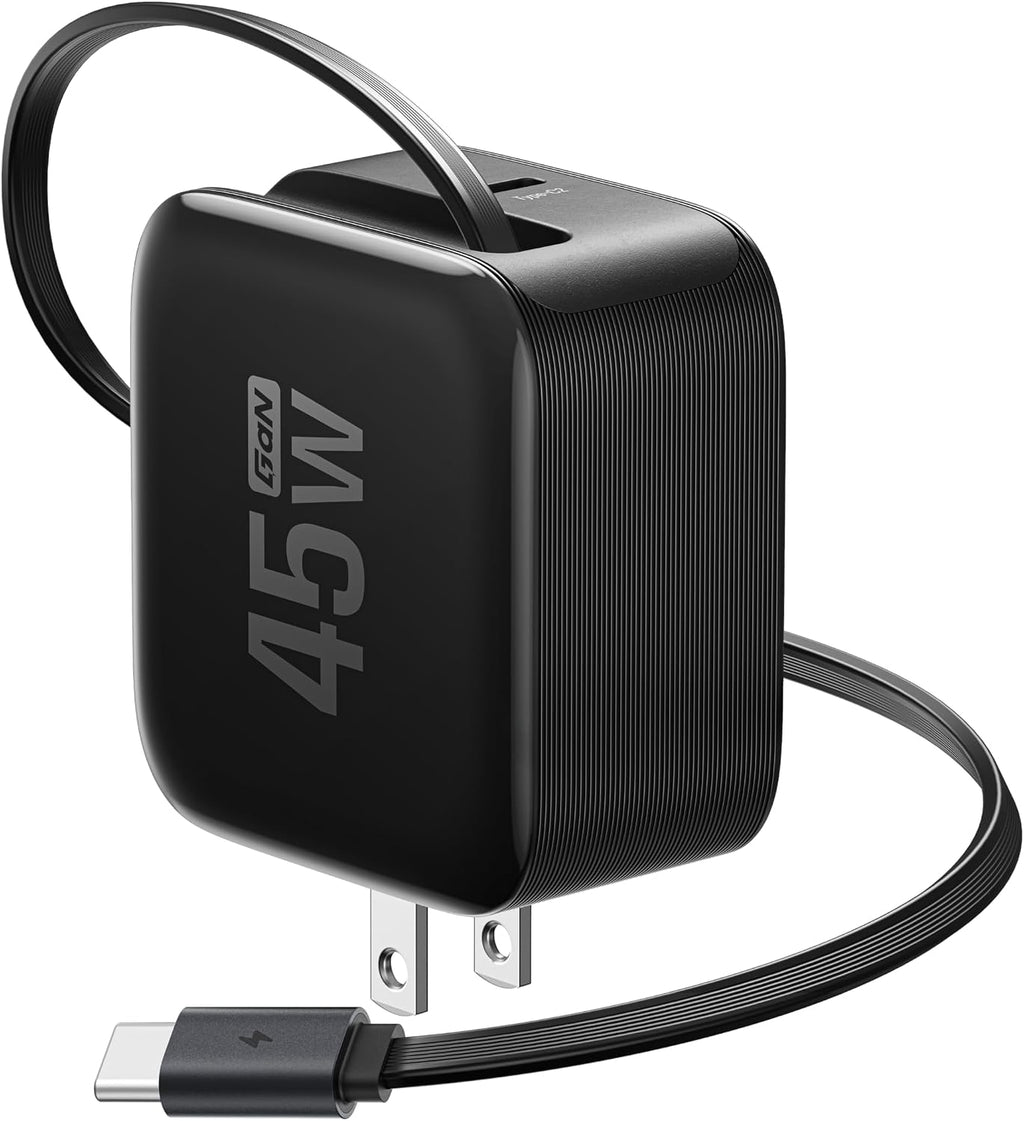 EF ECOFLOW 45W USB C Charger with Retractable Cable, 3-in-1 Phone Charger with Type C Cable, 2-Port Fast Charger Compatible with iPhone 16 Pro Max, iPad Pro/Air, Galaxy S25, Steam Deck (Black)