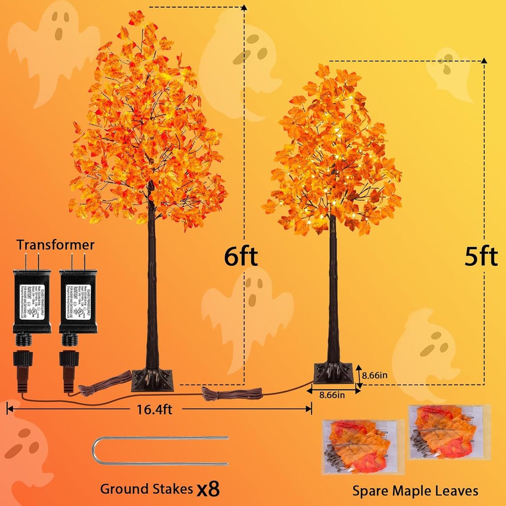 VIVATREES 2Pack 5FT+6FT Artificial Lighted Maple Tree, Light Up Fall Tree with 216 LED Warm White Lights for Halloween, Thanksgiving, Autumn Harvest Outdoor Indoor Home Decor, Orange