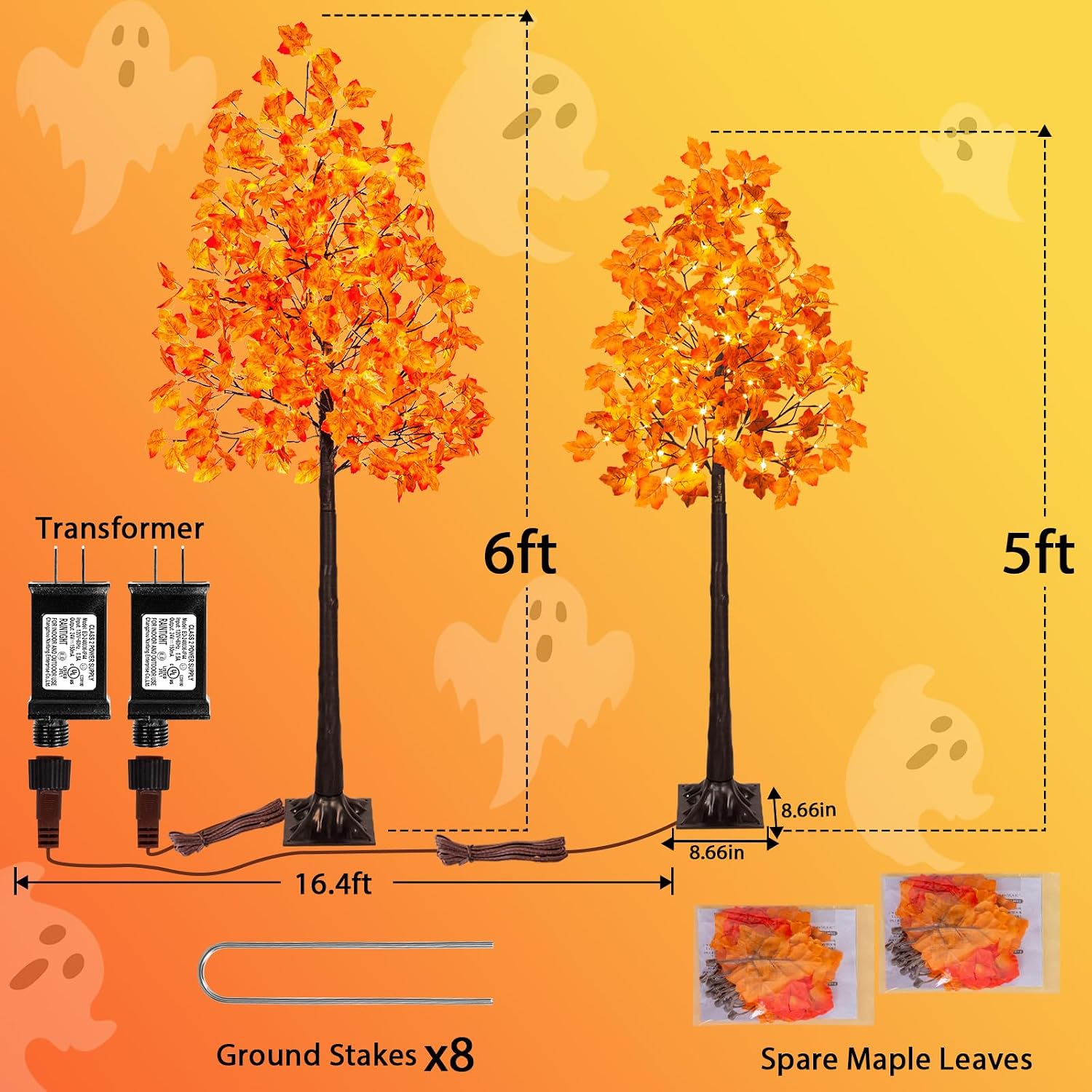 VIVATREES 2Pack 5FT+6FT Artificial Lighted Maple Tree, Light Up Fall Tree with 216 LED Warm White Lights for Halloween, Thanksgiving, Autumn Harvest Outdoor Indoor Home Decor, Orange