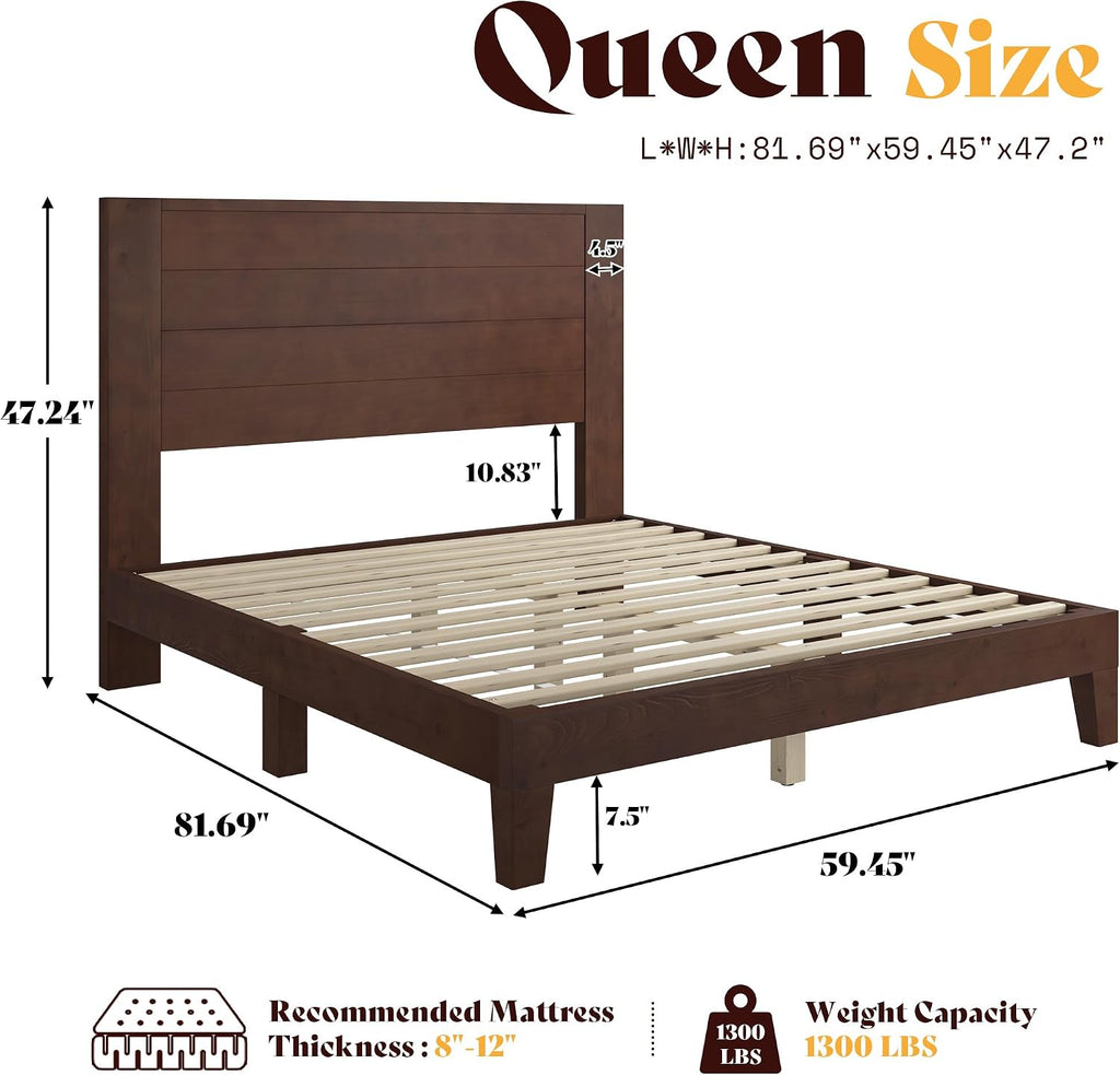 AMERLIFE Queen Size Bed Frame with 48" Tall Headboard, Mid Century Modern Solid Wood Platform Bed with Silent Wood Slat System, No Box Spring Needed, Under-Bed Storage, Dark Walnut