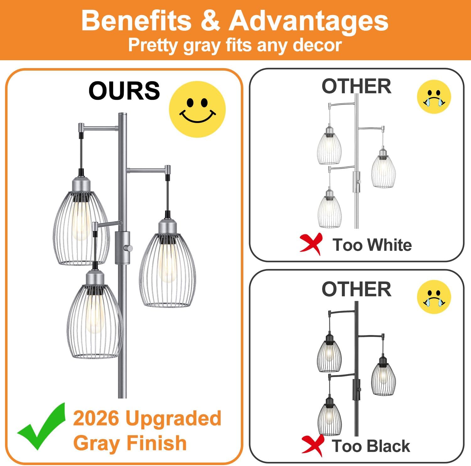 Torondo Dimmable Industrial Floor Lamps for Living Room, Gray Tree Standing Tall Lamps with 3 Elegant Teardrop Cage Head & 800 Lumens LED Bulbs for Bedroom Office