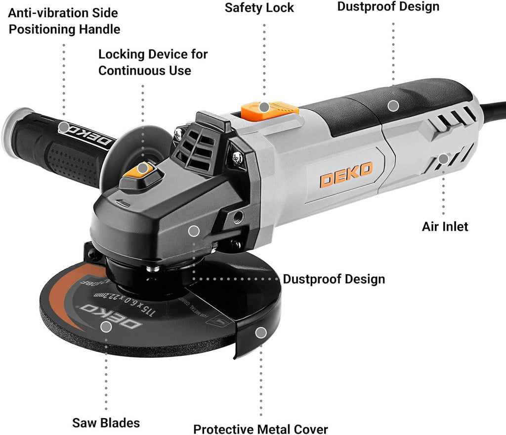 8-Amp Angle Grinder: DEKOPRO 4-1/2 inch Electric Corded Grinder Power Tools with Grinding and Cutting Wheels, Auxiliary Handle and Wrench for Cutting, Polishing and Grinding