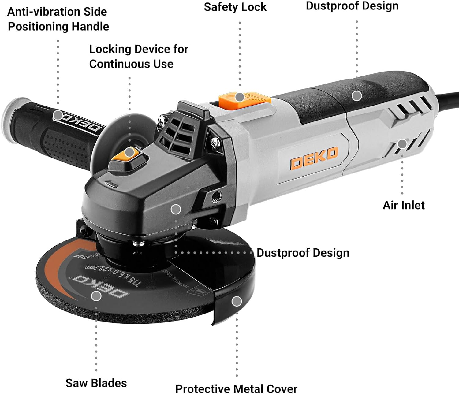 8-Amp Angle Grinder: DEKOPRO 4-1/2 inch Electric Corded Grinder Power Tools with Grinding and Cutting Wheels, Auxiliary Handle and Wrench for Cutting, Polishing and Grinding