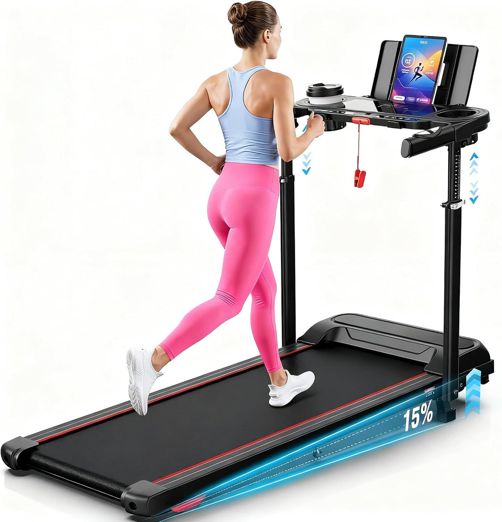 Treadmill with Desk Workstation & Adjustable Height, 450 lbs Weight Capacity, Folding Incline Treadmill with Handle Bar, Portable Ultra-Quiet 3.5HP Walking Pad Treadmill with Desktop for Home Office