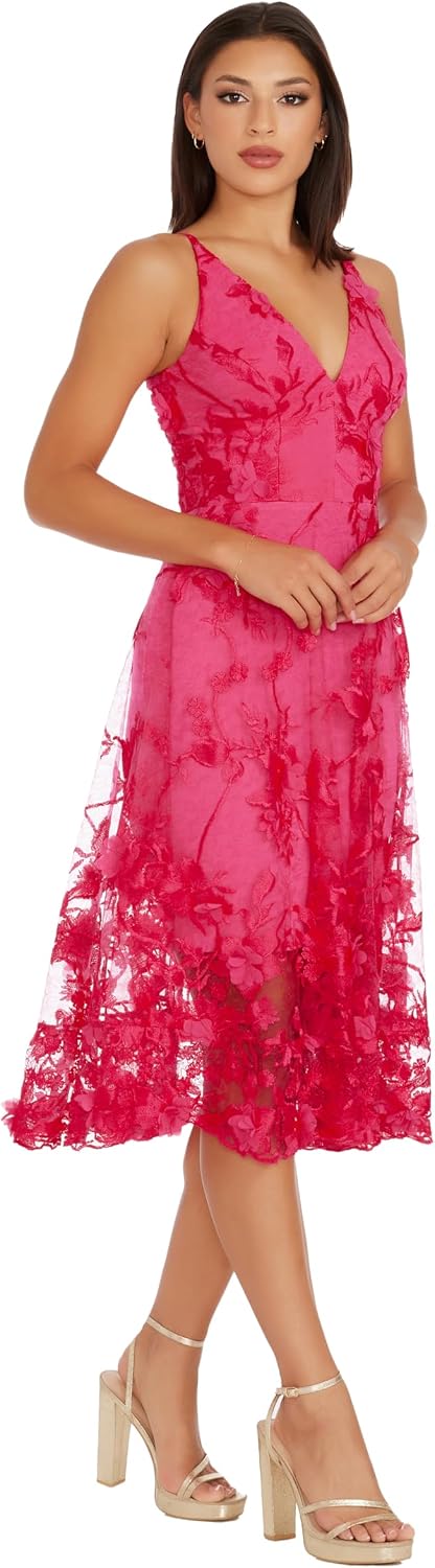 Dress The Population Womens Audrey Spaghetti Strap Midi A-line 3D Floral Dress