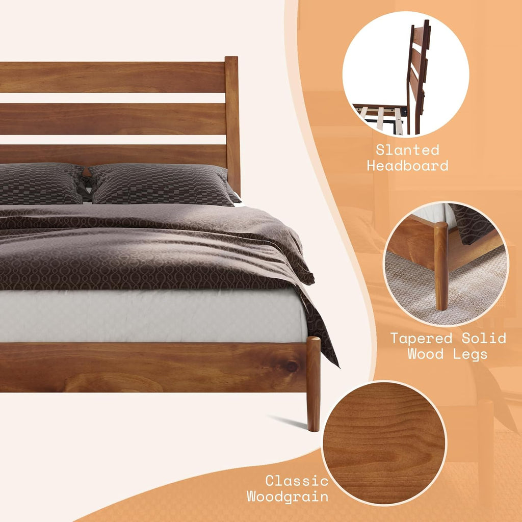 AMERLIFE Solid Wood Queen Size Bed Frame, Mid Century Modern Platform Bed Frame with Reclining Headboard, Sturdy & Noise Free, No Box Spring Needed, Light Brown