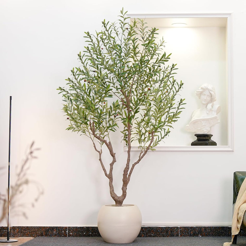 VIVATREES Olive Tree Artificial Indoor, 8FT Tall Faux Olive Tree with 16in Round White Planter, Artificial Plants with Natural Wood Trunk and Lifelike Fruits for Home Office Decor