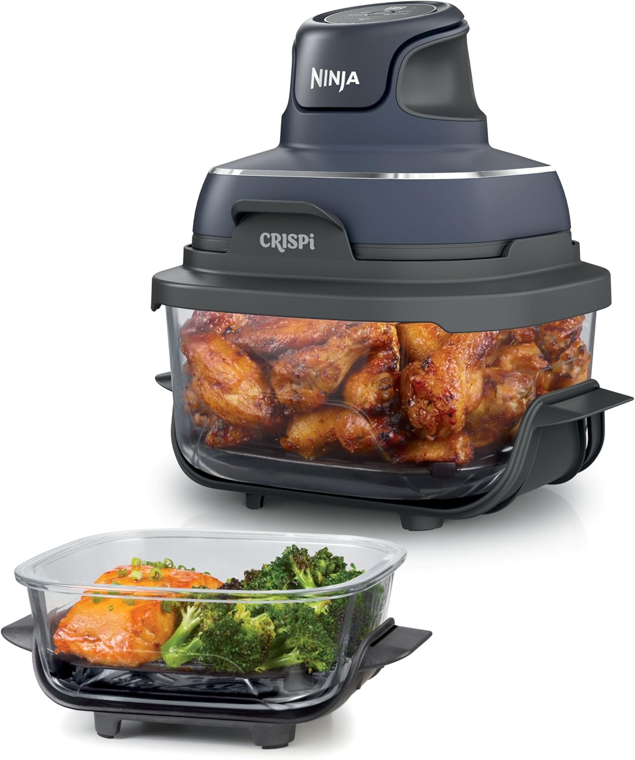 Ninja Crispi 4 in 1 Glass Air Fryer, 450°F, Non Toxic, 4QT and 6 Cup Containers with Lids, Dishwasher Safe, Cyberspace Gray, 1 Count, FN101GY