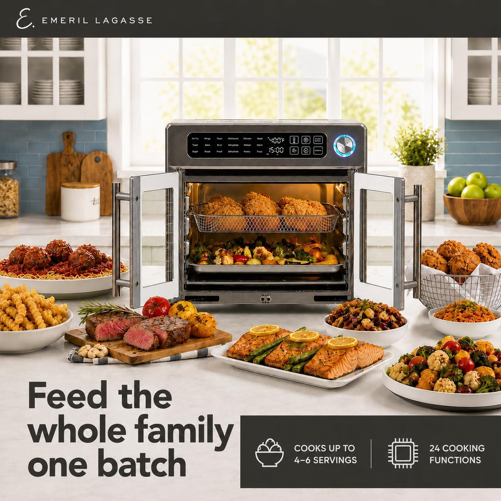 Emeril Lagasse Extra Large French Door Air Fryer Toaster Oven Combo, 24 Cooking Functions and Digital Controls, 7 Accessories Included, Stainless Steel Finish, 26QT Capacity