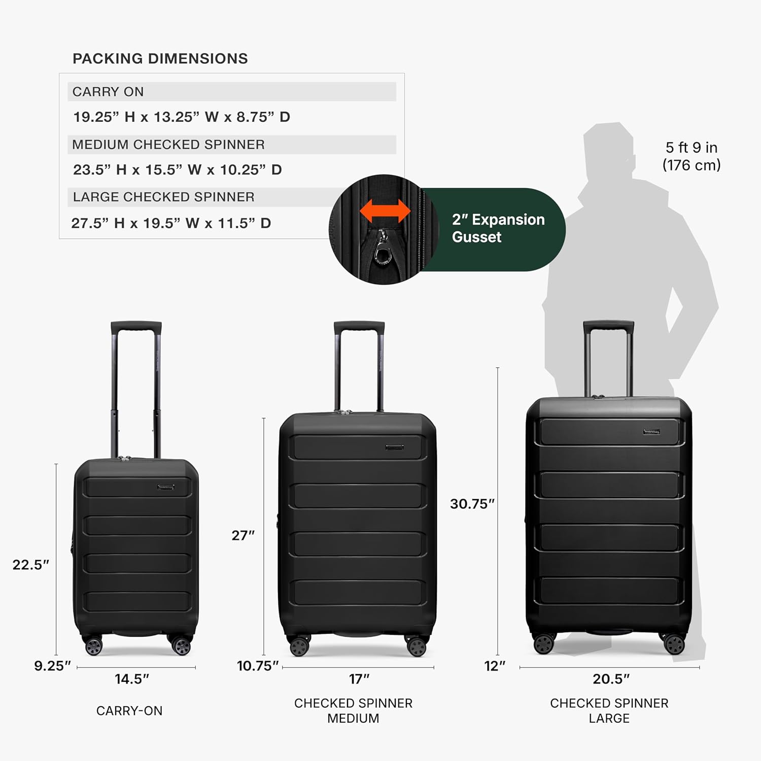 Traveler's Choice Pagosa Hardshell Expandable Luggage with Spinner Wheels, Black, 2-Piece Set (22/27)