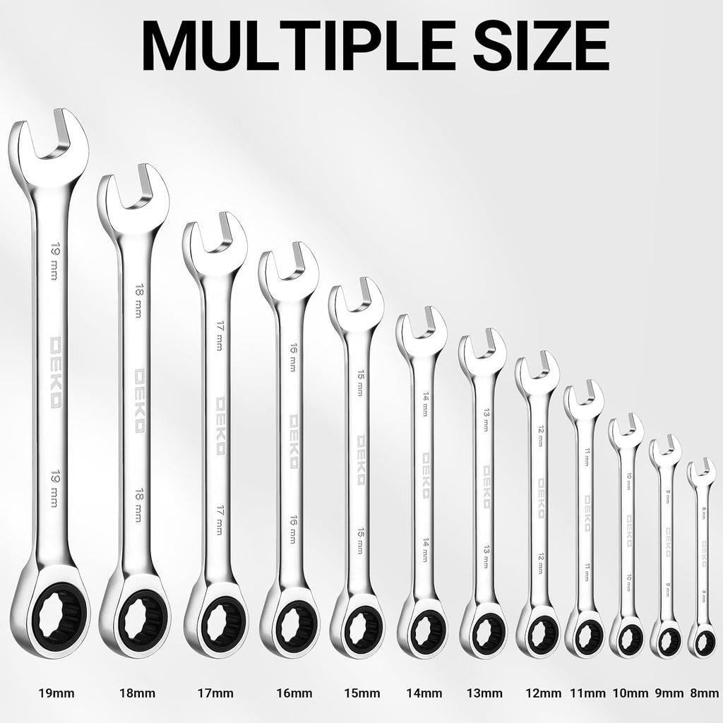 DEKOPRO 12-Piece Ratcheting Wrench Set 8-19mm Metric Standard, Fixed Head Combination Wrenches Set with Rack Organizer, Cr-V Steel, 12 Point 72 Teeth
