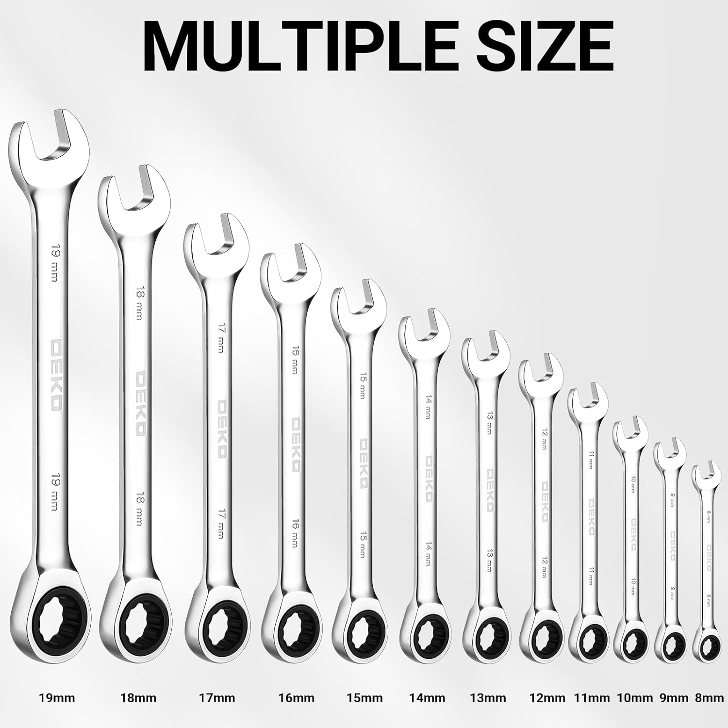 DEKOPRO 12-Piece Ratcheting Wrench Set 8-19mm Metric Standard, Fixed Head Combination Wrenches Set with Rack Organizer, Cr-V Steel, 12 Point 72 Teeth