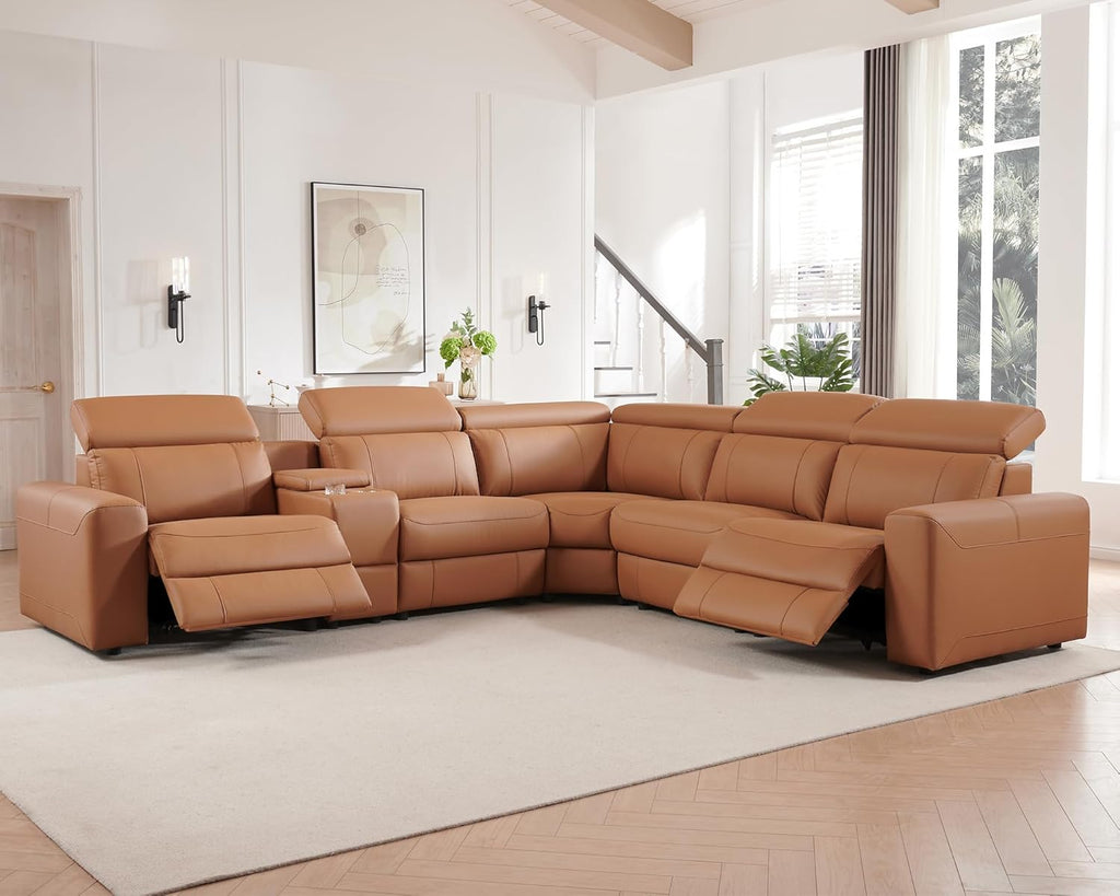 AMERLIFE Power Recliner Sectional Sofa with Storage/USB Port, Leather Recliner Sofa with Adjustable Headrest, Reclining Sectional Couches with Console and Cup Holder for Living Room (Brown, 5-Seater)