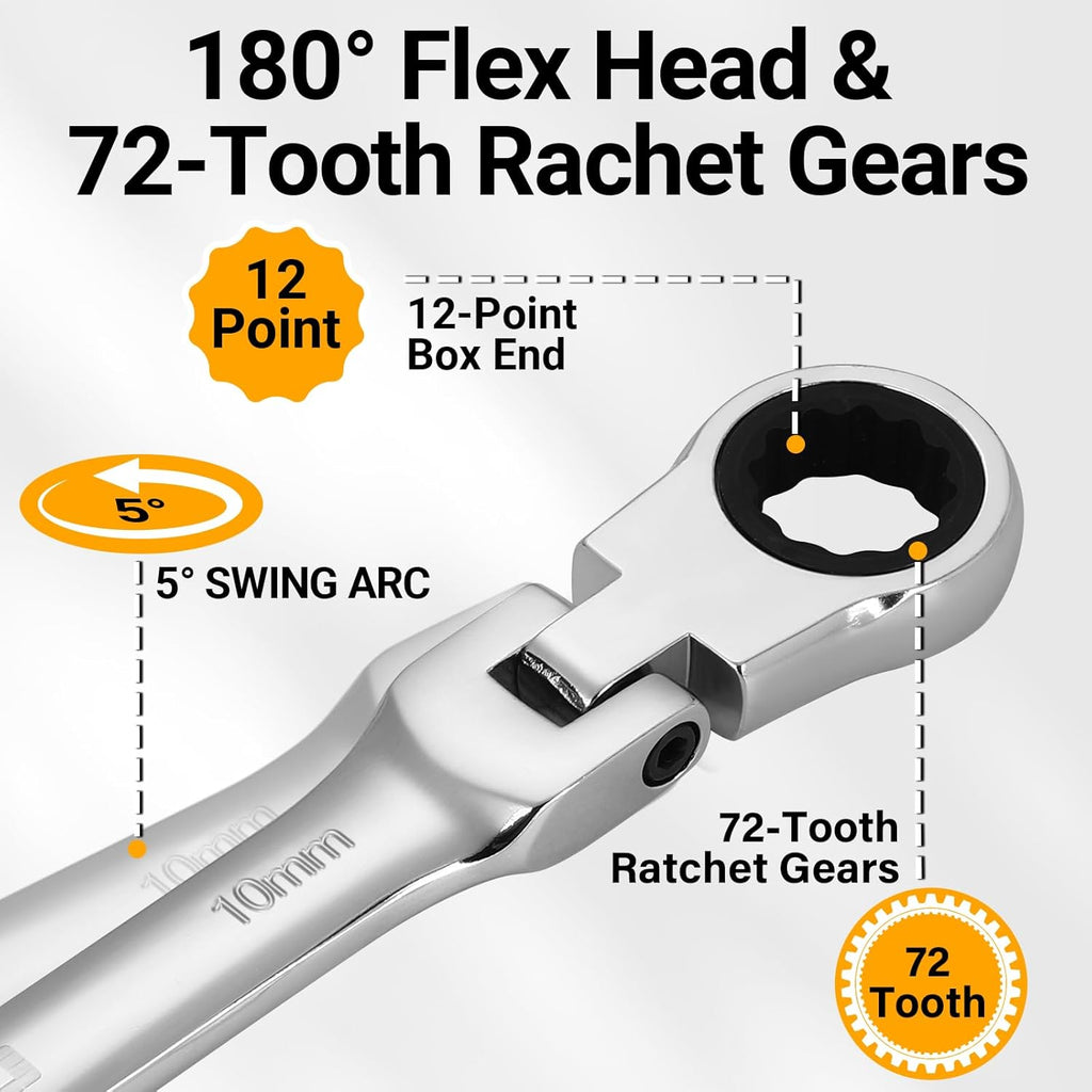 DEKOPRO 8-PC Flex Head Ratcheting Wrench Set, Metric Standard 9-17mm, 72-Tooth Cr-V Combination Wrenches with Portable Pouch for Mechanics & Home Maintenance