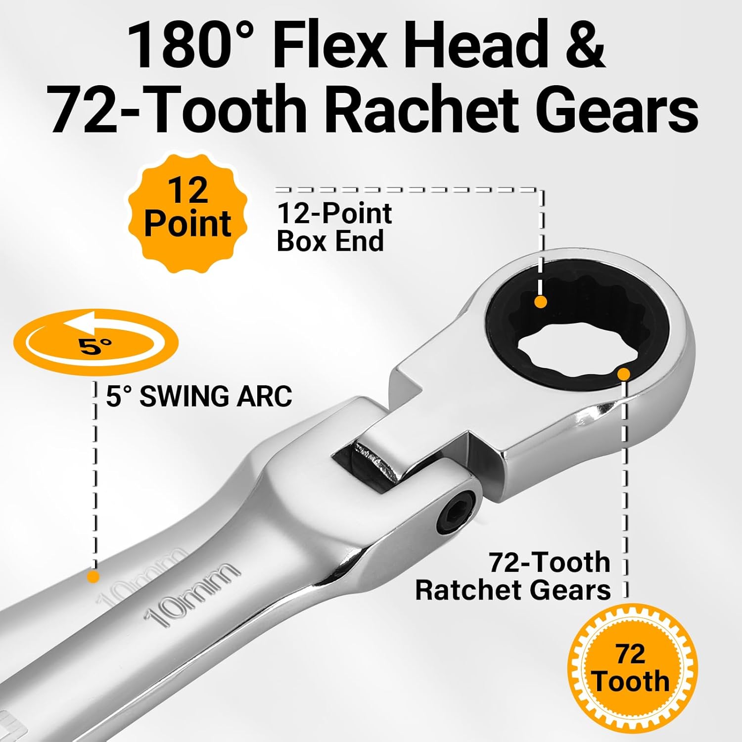DEKOPRO 8-PC Flex Head Ratcheting Wrench Set, Metric Standard 9-17mm, 72-Tooth Cr-V Combination Wrenches with Portable Pouch for Mechanics & Home Maintenance