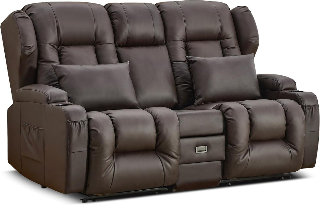 URRED Loveseat Recliner Sofa, Manual Reclining Loveseat Sofa with Flip-Down Console, Home Theater RV Recliner Couch with Cup Holders and Storage for Living Room (Brown)