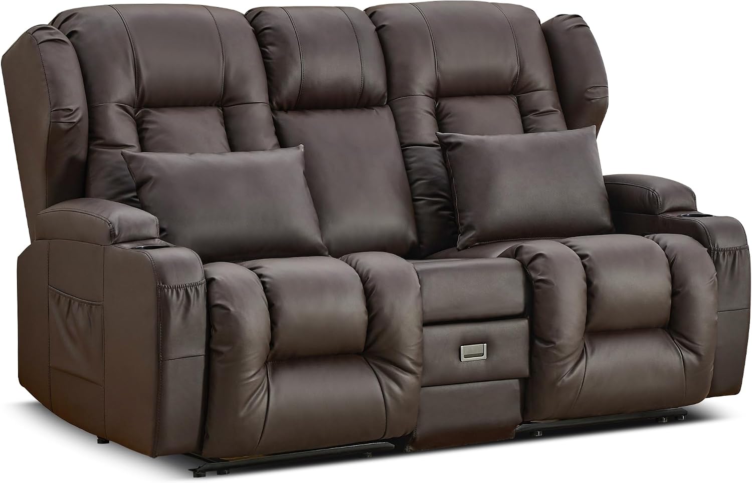 URRED Loveseat Recliner Sofa, Manual Reclining Loveseat Sofa with Flip-Down Console, Home Theater RV Recliner Couch with Cup Holders and Storage for Living Room (Brown)