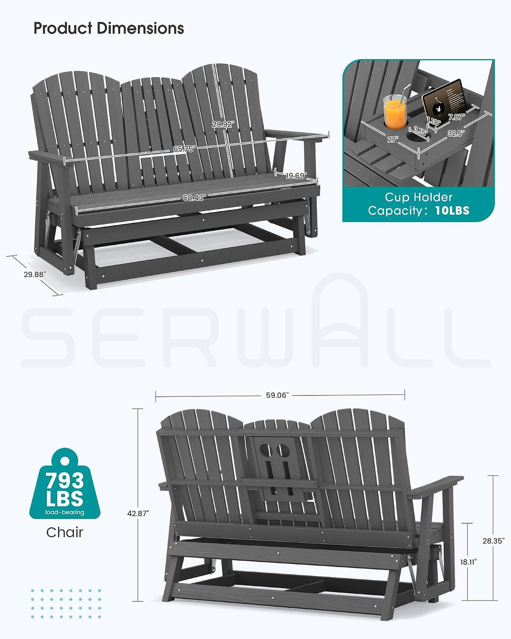 SERWALL 3 Person Outdoor Glider Bench with Cup Holder and iPad Placement,Oversized 66" HDPE Patio Glider Bench, All Weather Patio Glider Chair for Garden,Park,Yard,Front Porch,Gray