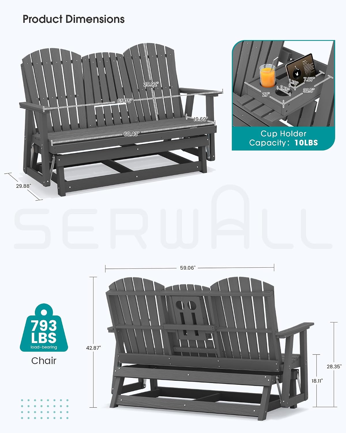SERWALL 3 Person Outdoor Glider Bench with Cup Holder and iPad Placement,Oversized 66" HDPE Patio Glider Bench, All Weather Patio Glider Chair for Garden,Park,Yard,Front Porch,Gray