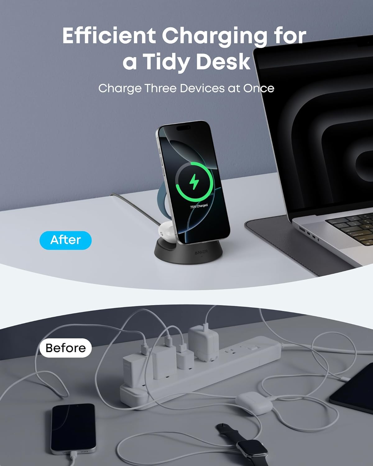 Anker MagSafe Charger Compatible, MagGo 3-in-1 Charging Station, Nano Charging Stand, Qi2 Certified 15W Magnetic Wireless Charger Dock, for iPhone 17/16/15/14, Apple Watch, AirPods (Adapter Included)