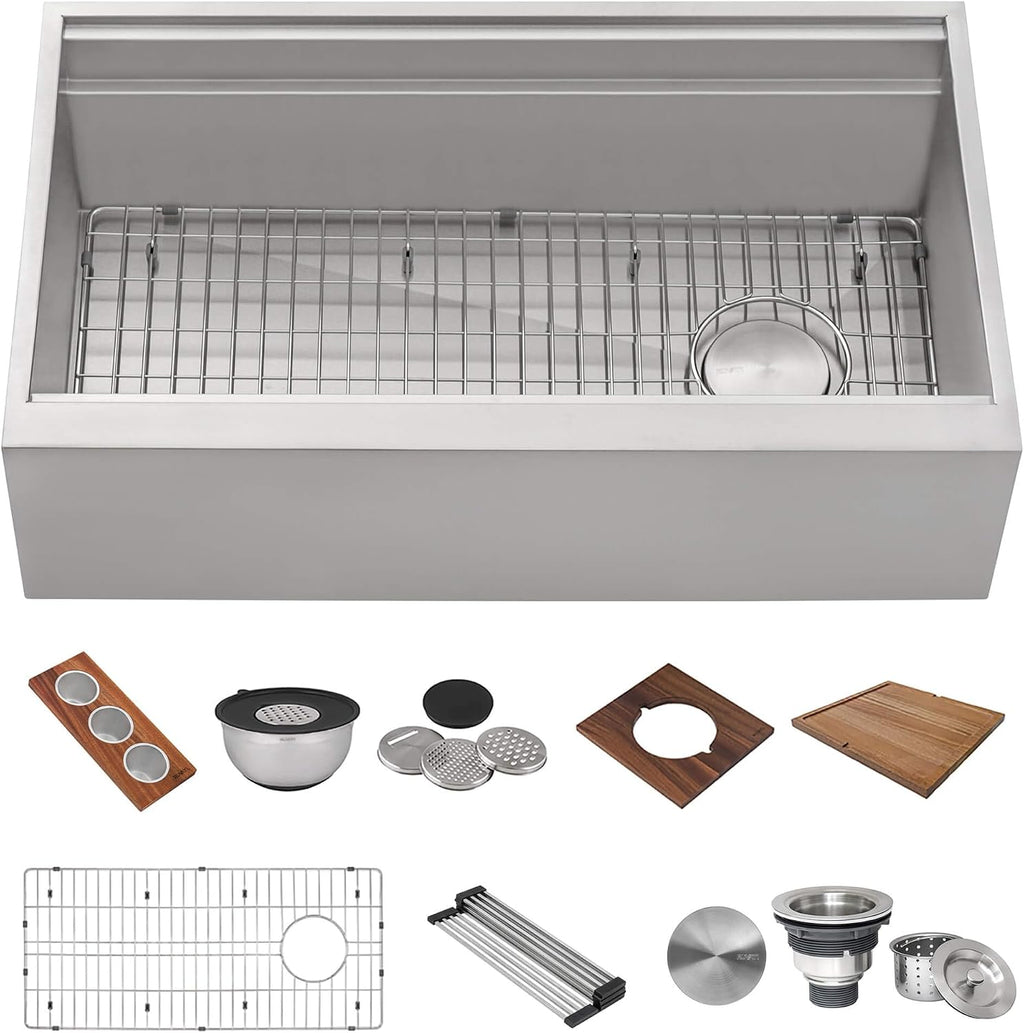 Ruvati 33-inch Workstation Two-Tiered Ledge Kitchen Sink Apron-Front 16 Gauge Stainless Steel - RVH9222