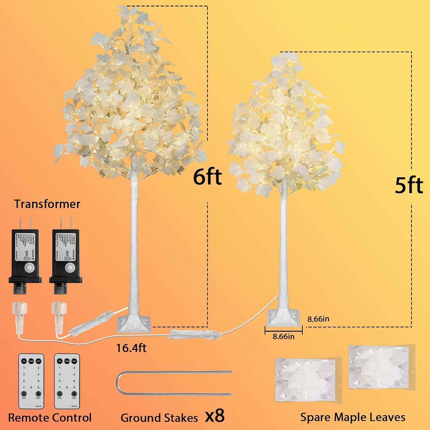 VIVATREES 2PACK 5FT+6FT Lighted White Maple Tree, 216 LED Light Up Artificial Tree with Dual-Tone Lights (Cold & Warm White) for Home, Festival, Party Indoor and Outdoor