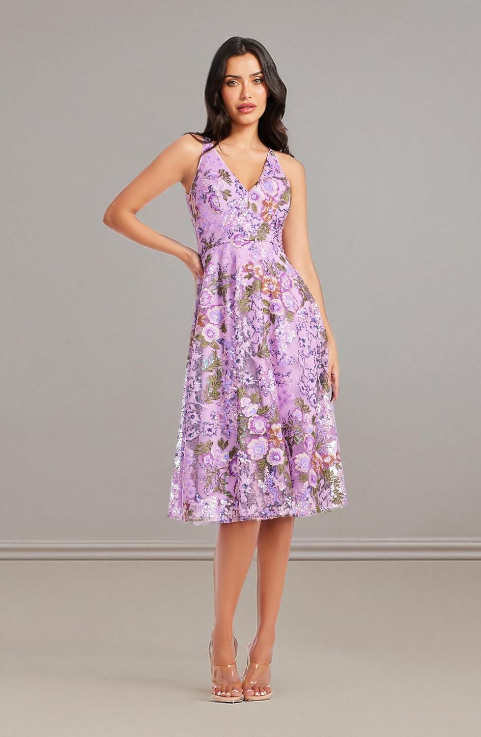 Dress the Population Women's Elisa Sleeveless Plunge Neckline Fit and Flare Midi Dress