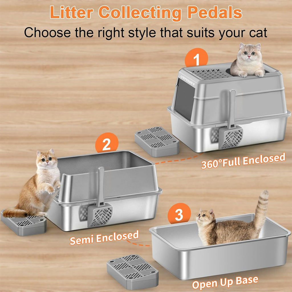 URPOWER Stainless Steel Cat Litter Box with Lid Extra Large Enclosed Litter Box Non-Sticky Metal Pan with High Sided & Scoop, Odor Free, Front & Top Entry, Anti-Leakage, Easy Cleaning
