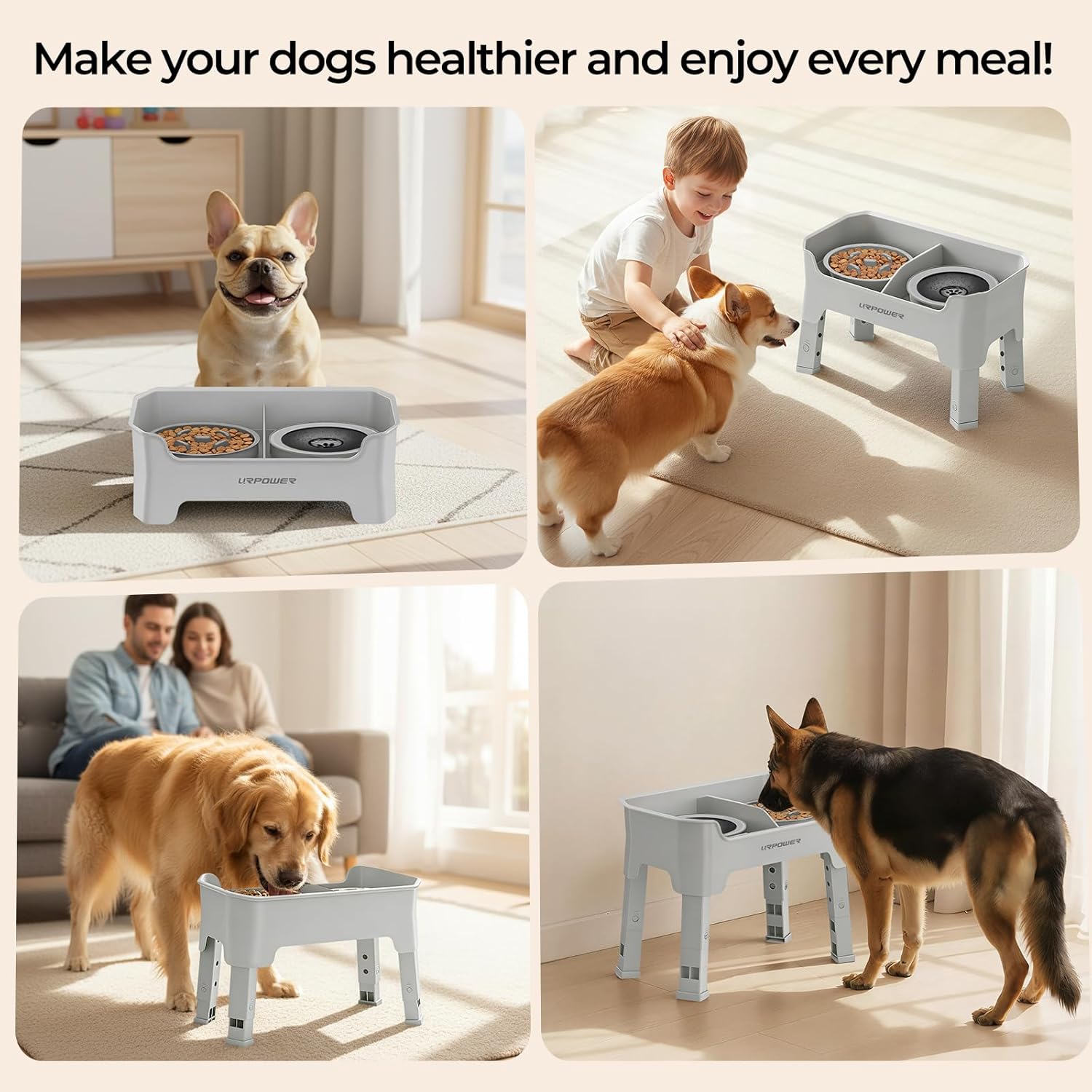 URPOWER Mess Proof Elevated Dog Bowls 4 Height Adjustable Raised Stand with No Spill Water Bowl and Slow Feeder Dog Bowls Non-Slip Food and Water Bowl Set for Small, Medium & Large Dogs